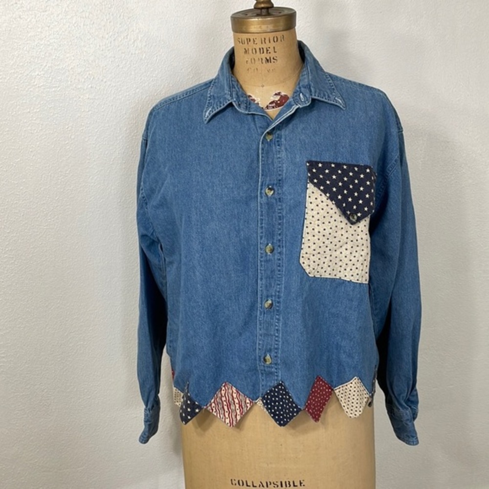 Vintage Luna Pier decorated denim, large front pocket, country motif blouse